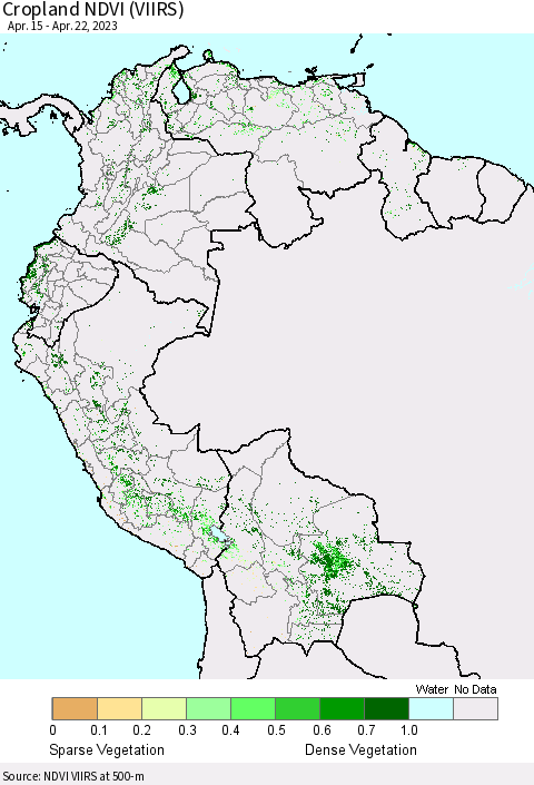 Northern South America Cropland NDVI (VIIRS) Thematic Map For 4/15/2023 - 4/22/2023