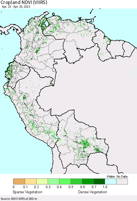 Northern South America Cropland NDVI (VIIRS) Thematic Map For 4/21/2023 - 4/30/2023