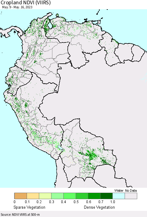 Northern South America Cropland NDVI (VIIRS) Thematic Map For 5/9/2023 - 5/16/2023