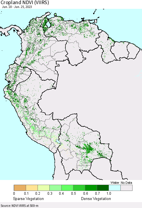 Northern South America Cropland NDVI (VIIRS) Thematic Map For 6/18/2023 - 6/25/2023