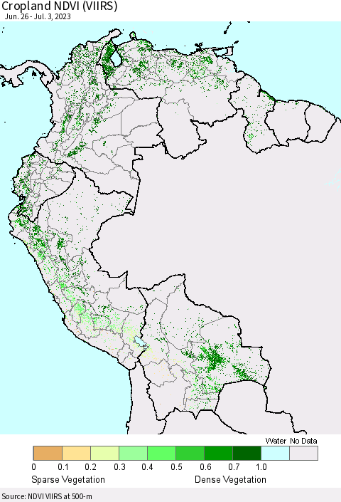 Northern South America Cropland NDVI (VIIRS) Thematic Map For 6/26/2023 - 7/3/2023