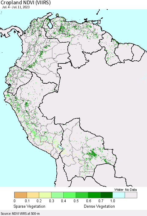 Northern South America Cropland NDVI (VIIRS) Thematic Map For 7/4/2023 - 7/11/2023