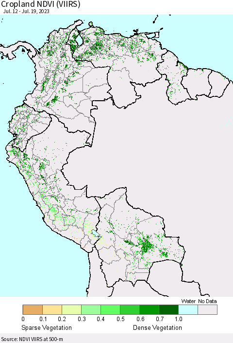 Northern South America Cropland NDVI (VIIRS) Thematic Map For 7/12/2023 - 7/19/2023
