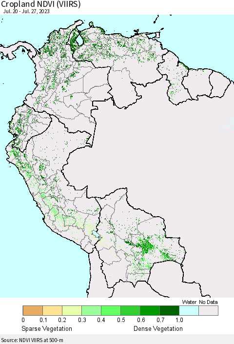 Northern South America Cropland NDVI (VIIRS) Thematic Map For 7/20/2023 - 7/27/2023