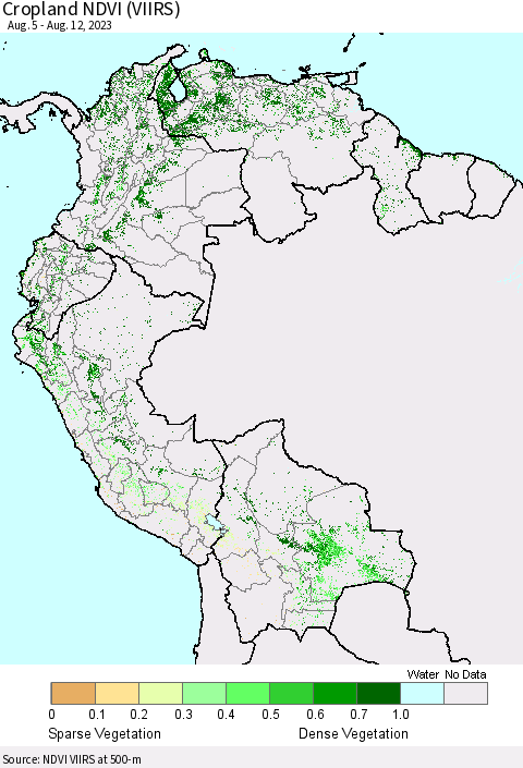 Northern South America Cropland NDVI (VIIRS) Thematic Map For 8/5/2023 - 8/12/2023