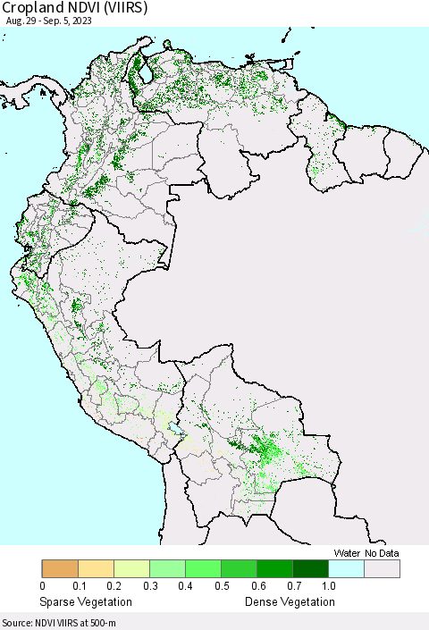 Northern South America Cropland NDVI (VIIRS) Thematic Map For 8/29/2023 - 9/5/2023