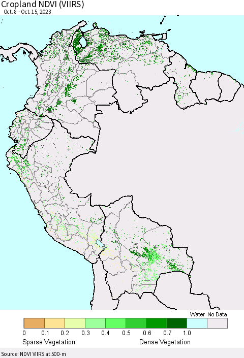 Northern South America Cropland NDVI (VIIRS) Thematic Map For 10/8/2023 - 10/15/2023