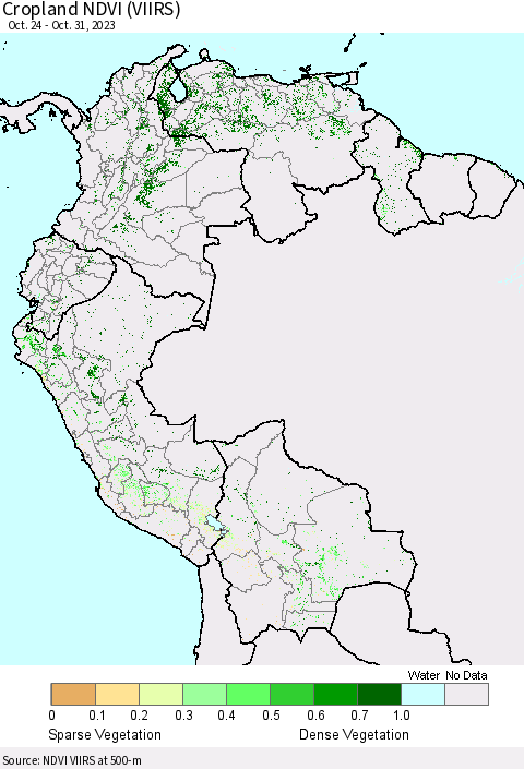 Northern South America Cropland NDVI (VIIRS) Thematic Map For 10/24/2023 - 10/31/2023