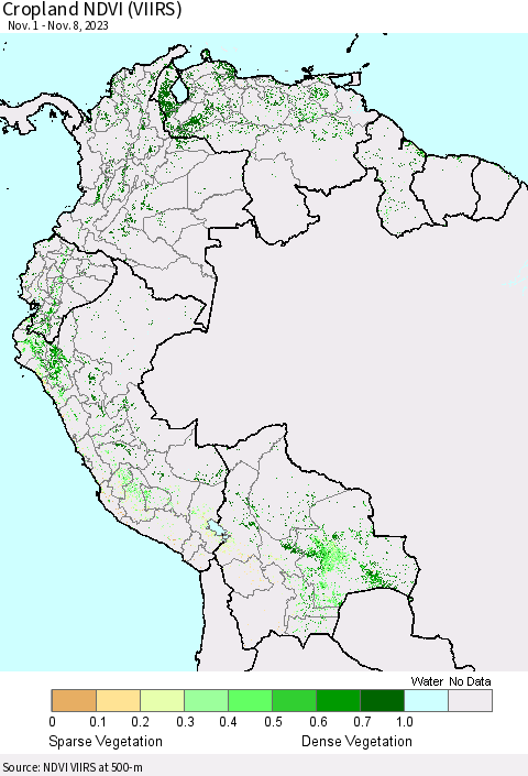 Northern South America Cropland NDVI (VIIRS) Thematic Map For 11/1/2023 - 11/8/2023