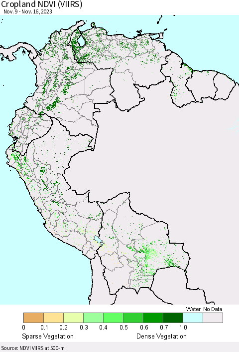 Northern South America Cropland NDVI (VIIRS) Thematic Map For 11/9/2023 - 11/16/2023