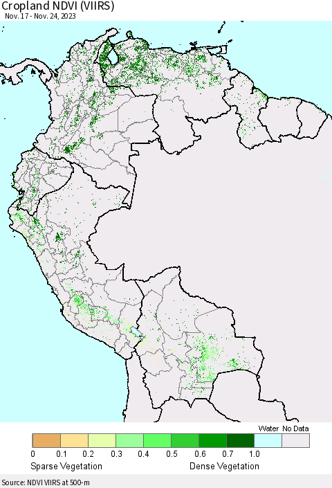 Northern South America Cropland NDVI (VIIRS) Thematic Map For 11/17/2023 - 11/24/2023