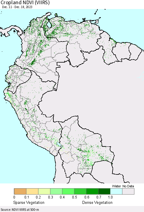 Northern South America Cropland NDVI (VIIRS) Thematic Map For 12/11/2023 - 12/18/2023