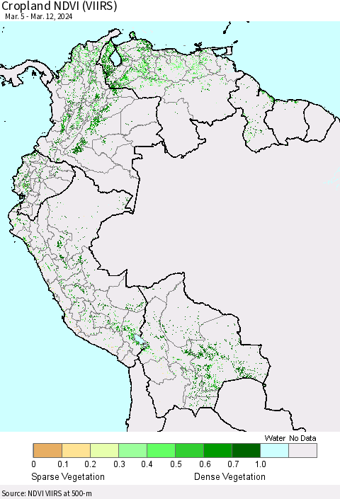 Northern South America Cropland NDVI (VIIRS) Thematic Map For 3/5/2024 - 3/12/2024