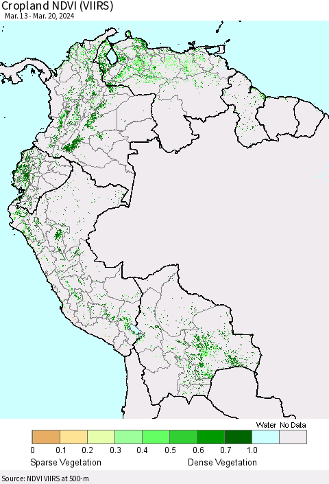 Northern South America Cropland NDVI (VIIRS) Thematic Map For 3/13/2024 - 3/20/2024