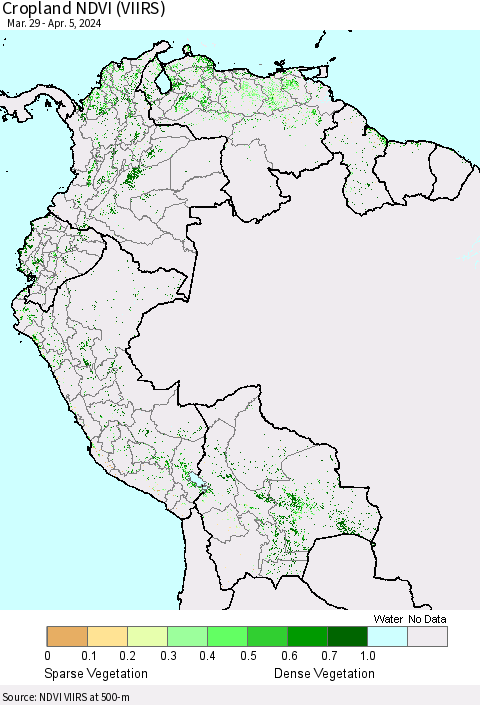 Northern South America Cropland NDVI (VIIRS) Thematic Map For 3/29/2024 - 4/5/2024