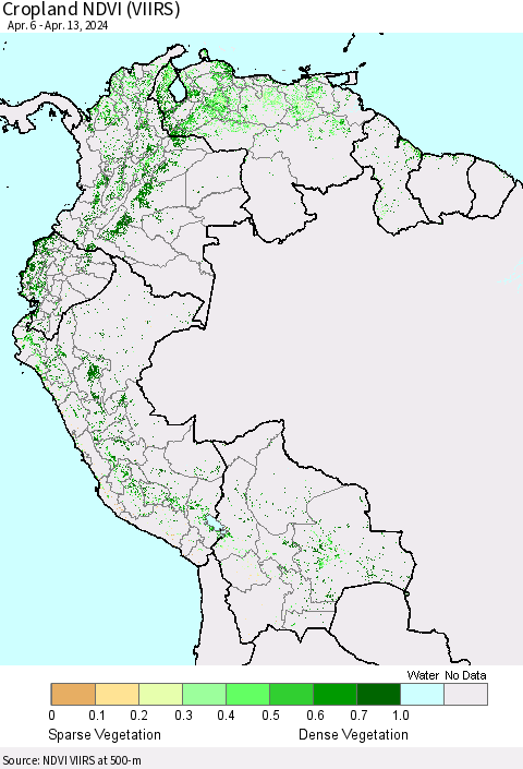 Northern South America Cropland NDVI (VIIRS) Thematic Map For 4/6/2024 - 4/13/2024