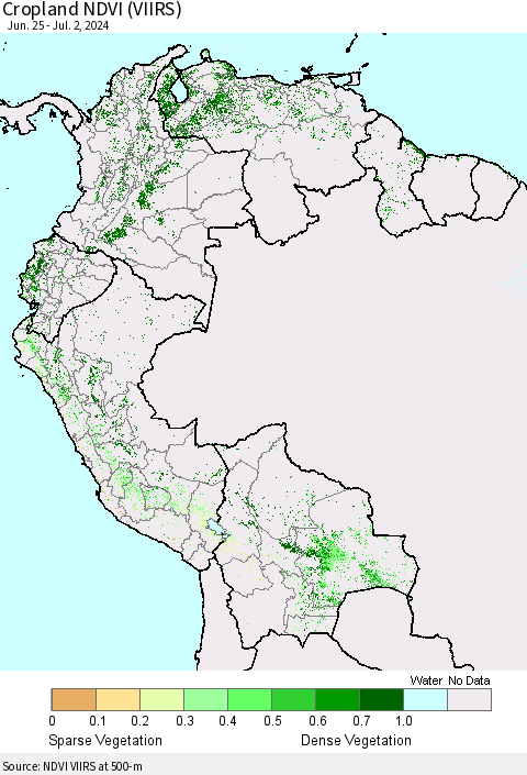 Northern South America Cropland NDVI (VIIRS) Thematic Map For 6/25/2024 - 7/2/2024