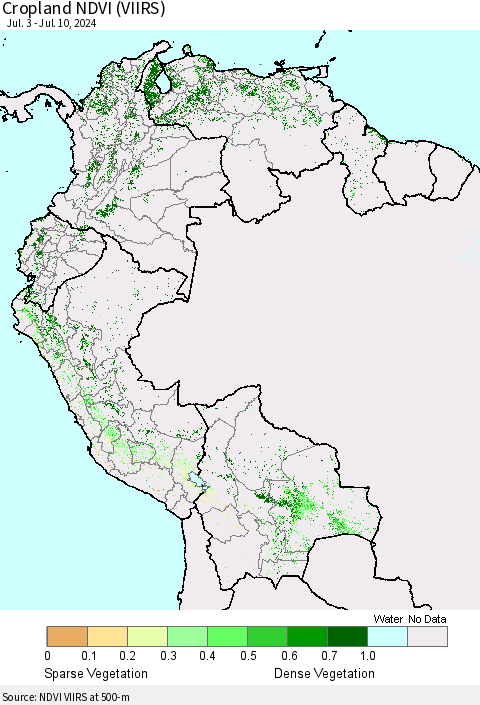 Northern South America Cropland NDVI (VIIRS) Thematic Map For 7/3/2024 - 7/10/2024