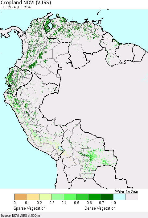 Northern South America Cropland NDVI (VIIRS) Thematic Map For 7/27/2024 - 8/3/2024