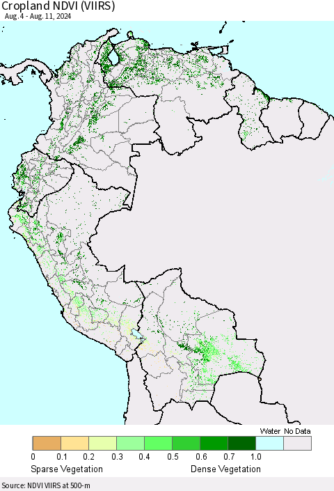 Northern South America Cropland NDVI (VIIRS) Thematic Map For 8/4/2024 - 8/11/2024