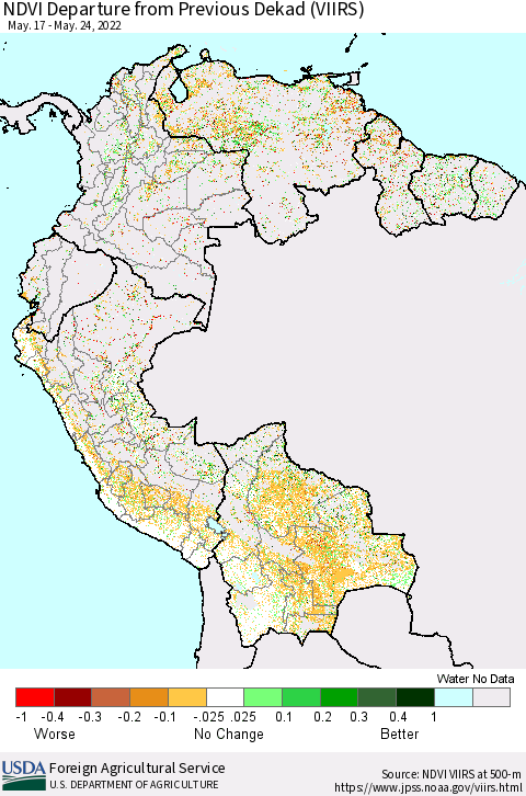 Northern South America NDVI Departure from Previous Dekad (VIIRS) Thematic Map For 5/21/2022 - 5/31/2022