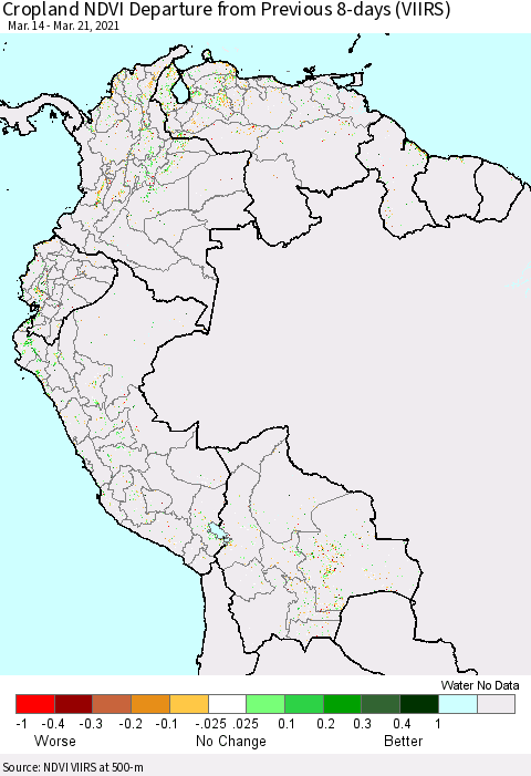 Northern South America Cropland NDVI Departure from Previous 8-days (VIIRS) Thematic Map For 3/14/2021 - 3/21/2021