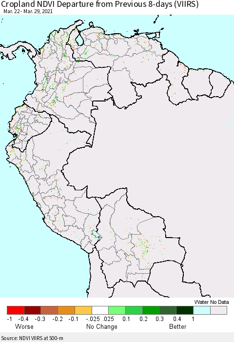 Northern South America Cropland NDVI Departure from Previous 8-days (VIIRS) Thematic Map For 3/22/2021 - 3/29/2021