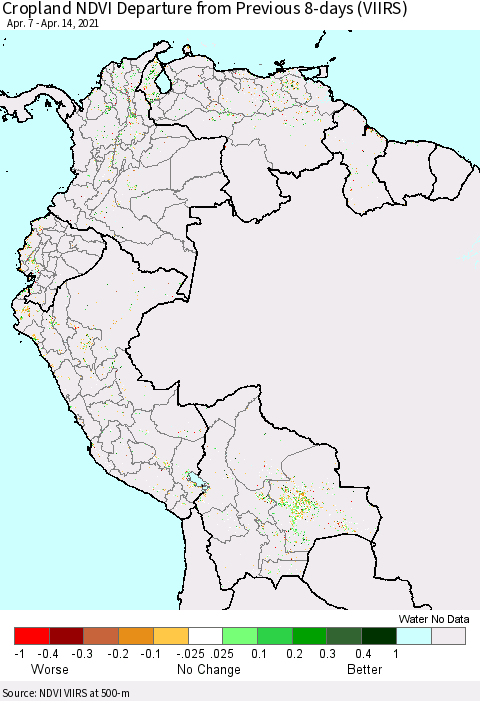 Northern South America Cropland NDVI Departure from Previous 8-days (VIIRS) Thematic Map For 4/7/2021 - 4/14/2021