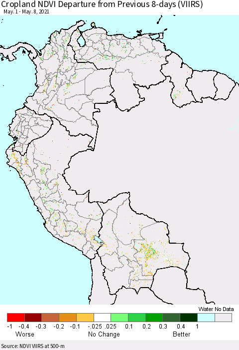 Northern South America Cropland NDVI Departure from Previous 8-days (VIIRS) Thematic Map For 5/1/2021 - 5/8/2021