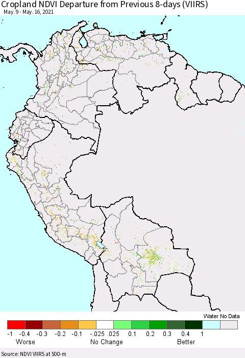Northern South America Cropland NDVI Departure from Previous 8-days (VIIRS) Thematic Map For 5/9/2021 - 5/16/2021