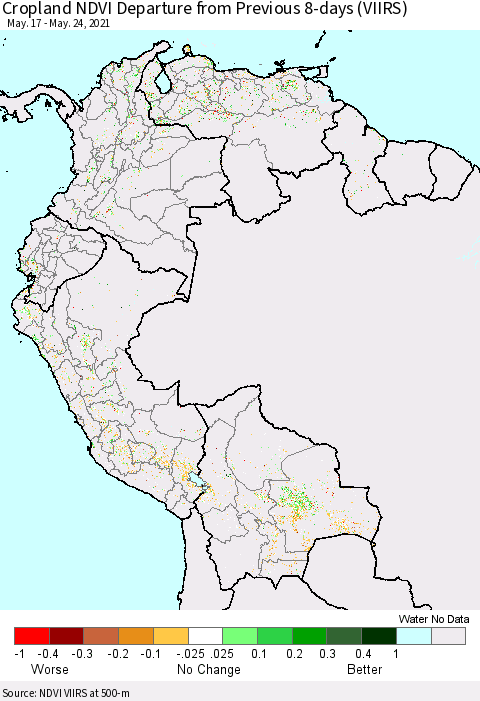 Northern South America Cropland NDVI Departure from Previous 8-days (VIIRS) Thematic Map For 5/17/2021 - 5/24/2021