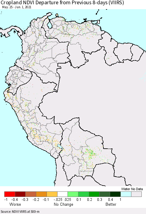 Northern South America Cropland NDVI Departure from Previous 8-days (VIIRS) Thematic Map For 5/25/2021 - 6/1/2021