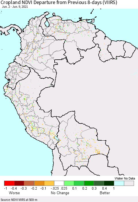 Northern South America Cropland NDVI Departure from Previous 8-days (VIIRS) Thematic Map For 6/2/2021 - 6/9/2021