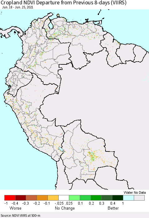 Northern South America Cropland NDVI Departure from Previous 8-days (VIIRS) Thematic Map For 6/18/2021 - 6/25/2021