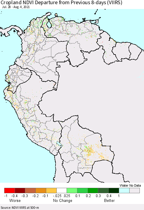 Northern South America Cropland NDVI Departure from Previous 8-days (VIIRS) Thematic Map For 7/28/2021 - 8/4/2021