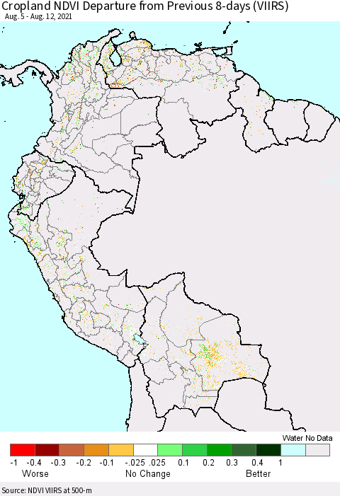 Northern South America Cropland NDVI Departure from Previous 8-days (VIIRS) Thematic Map For 8/5/2021 - 8/12/2021