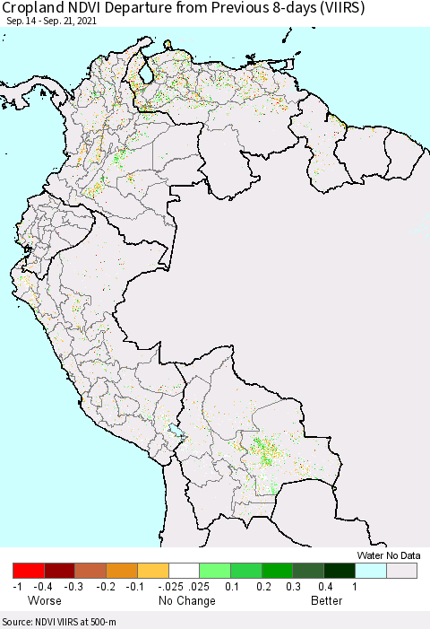 Northern South America Cropland NDVI Departure from Previous 8-days (VIIRS) Thematic Map For 9/14/2021 - 9/21/2021
