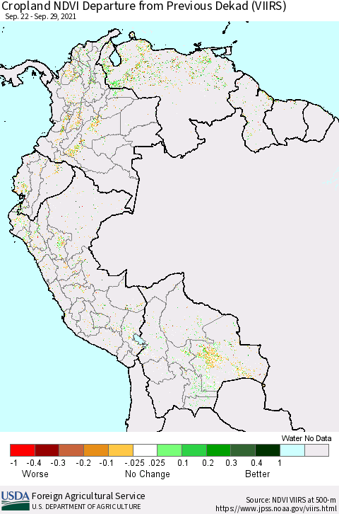 Northern South America Cropland NDVI Departure from Previous Dekad (VIIRS) Thematic Map For 9/21/2021 - 9/30/2021