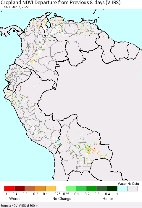 Northern South America Cropland NDVI Departure from Previous 8-days (VIIRS) Thematic Map For 1/1/2022 - 1/8/2022