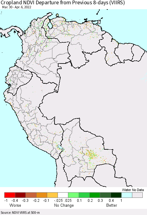 Northern South America Cropland NDVI Departure from Previous 8-days (VIIRS) Thematic Map For 3/30/2022 - 4/6/2022