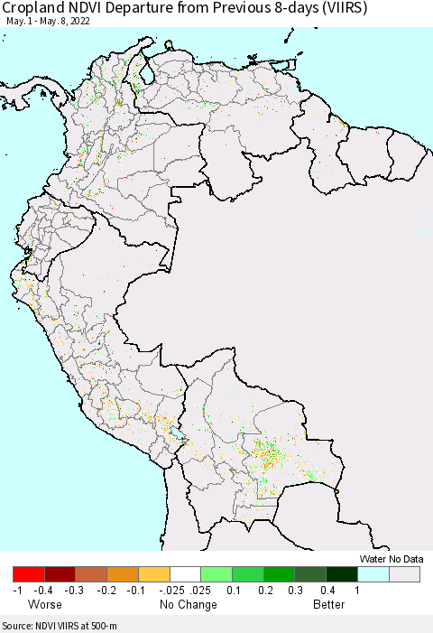 Northern South America Cropland NDVI Departure from Previous 8-days (VIIRS) Thematic Map For 5/1/2022 - 5/8/2022