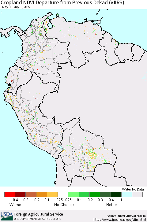 Northern South America Cropland NDVI Departure from Previous Dekad (VIIRS) Thematic Map For 5/1/2022 - 5/10/2022