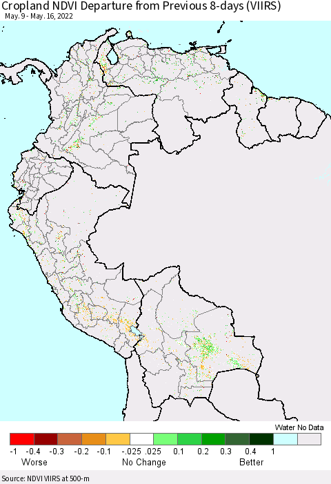 Northern South America Cropland NDVI Departure from Previous 8-days (VIIRS) Thematic Map For 5/9/2022 - 5/16/2022