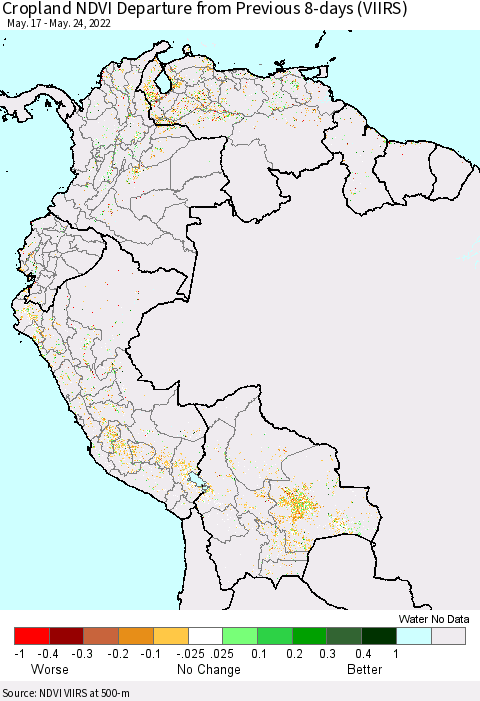 Northern South America Cropland NDVI Departure from Previous 8-days (VIIRS) Thematic Map For 5/17/2022 - 5/24/2022