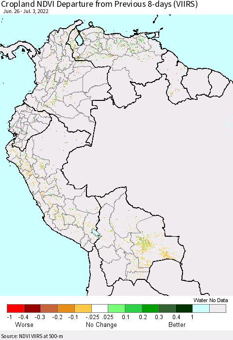 Northern South America Cropland NDVI Departure from Previous 8-days (VIIRS) Thematic Map For 6/26/2022 - 7/3/2022