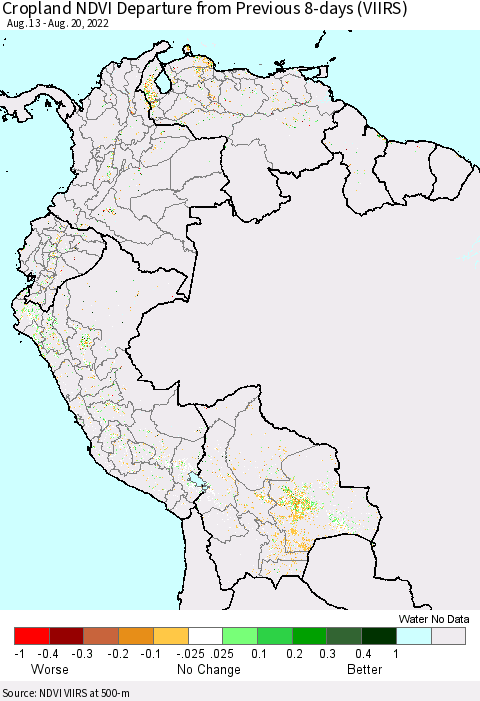 Northern South America Cropland NDVI Departure from Previous Dekad (VIIRS) Thematic Map For 8/11/2022 - 8/20/2022
