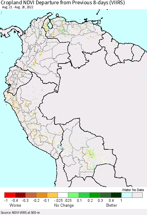 Northern South America Cropland NDVI Departure from Previous 8-days (VIIRS) Thematic Map For 8/21/2022 - 8/28/2022