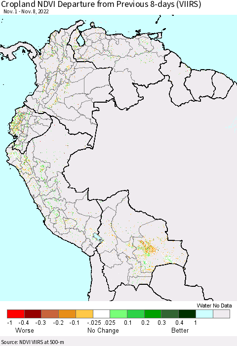 Northern South America Cropland NDVI Departure from Previous 8-days (VIIRS) Thematic Map For 11/1/2022 - 11/8/2022