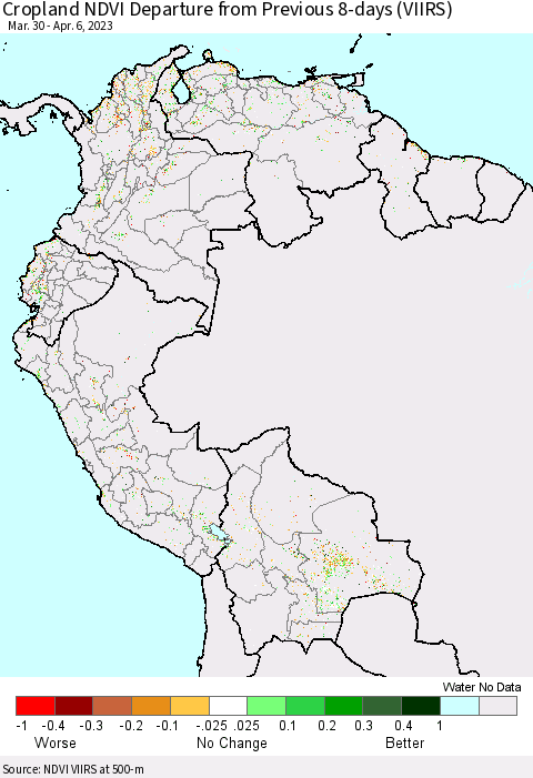 Northern South America Cropland NDVI Departure from Previous 8-days (VIIRS) Thematic Map For 3/30/2023 - 4/6/2023