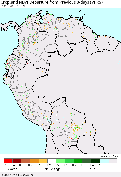 Northern South America Cropland NDVI Departure from Previous 8-days (VIIRS) Thematic Map For 4/7/2023 - 4/14/2023